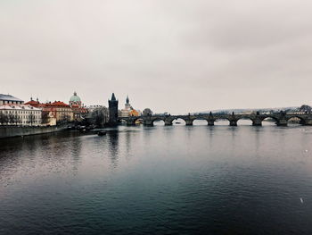 Bridge over river against buildings in city