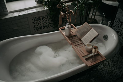 High angle view of sink in bathroom