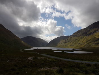 Scenic view of land and mountains against sky