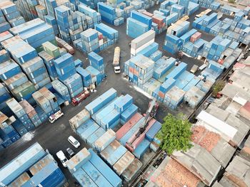 High angle view of buildings and street in harbor