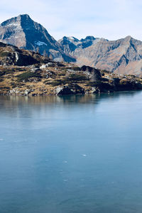 Scenic view of lake and snowcapped mountains against sky
