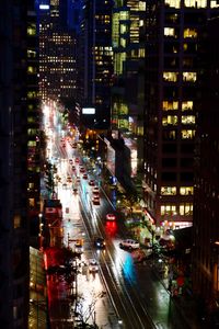 High angle view of city street at night