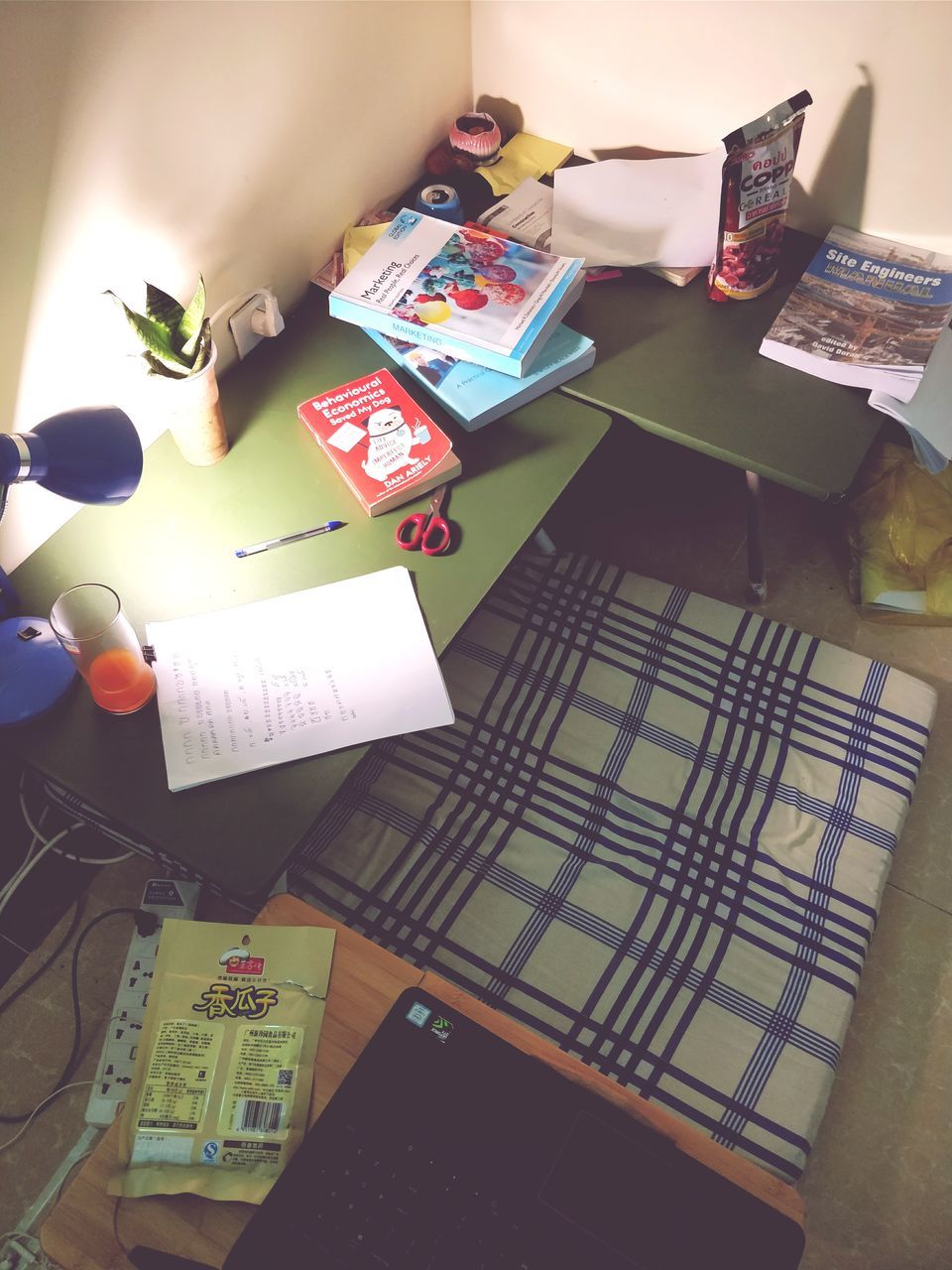 indoors, table, high angle view, desk, paper, book, communication, no people, technology, close-up, day