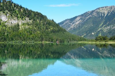 Scenic view of lake and mountains against sky