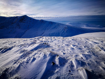 Aerial view of snowcapped mountains against sky