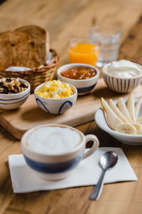 High angle view of breakfast on table