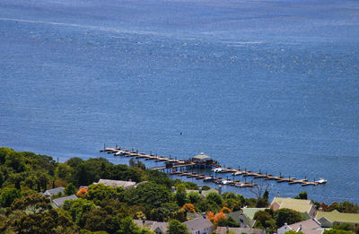 High angle view of town by sea