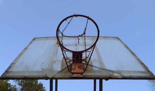 Low angle view of basketball hoop against clear sky