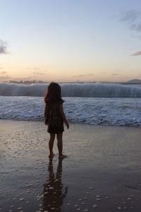 Rear view of woman standing on beach during sunset