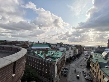 High angle view of buildings against sky