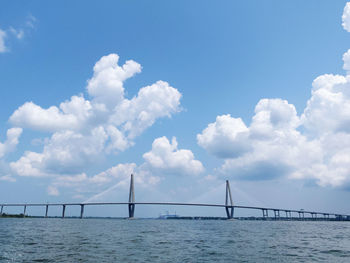 Suspension bridge over sea against sky