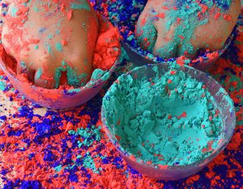High angle view of multi colored candies in bowl