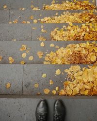 Low section of man standing in front of yellow street