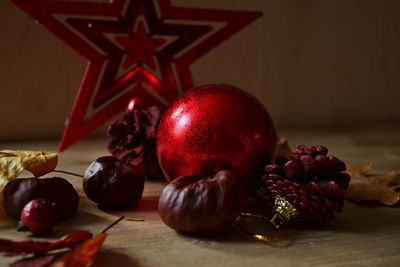 Close-up of christmas fruits on table