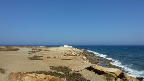 Scenic view of sea against clear blue sky