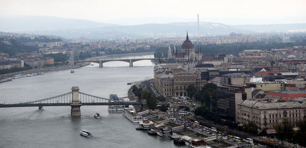 Bridge over river with city in background