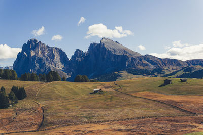 Scenic view of field and mountains against sky