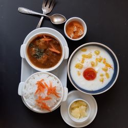 High angle view of breakfast served on table