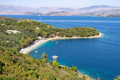 High angle view of bay against sky