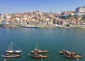 Aerial view of townscape by sea against clear sky