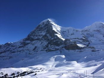 Scenic view of snow covered mountains against clear blue sky