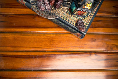 High angle view of books on table