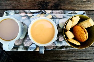 High angle view of breakfast on table