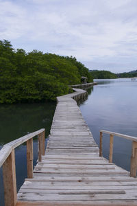 Wide view of wooden walkway along river and mangrove forest against cloudy sky, lampung, indonesia