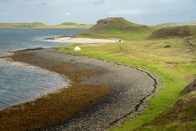 View of coral beach, isle of skye, scotland. beautiful white beach is a popular place for tourists