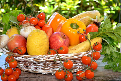 Close-up of fruits in basket on table