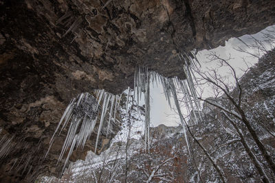 Low angle view of icicles on rock formation during winter