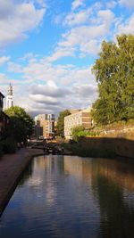 River by buildings in city against sky