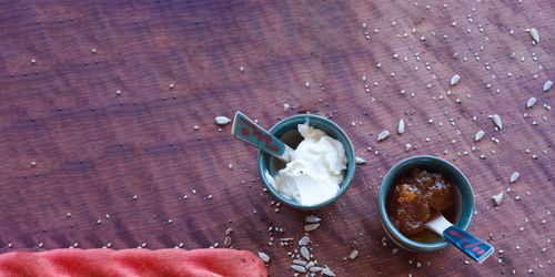 High angle view of coffee on table