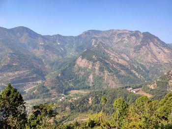 High angle view of mountains against clear sky