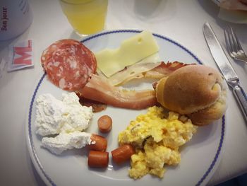 High angle view of breakfast served on table