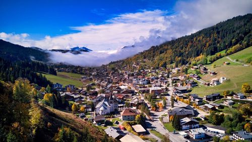 High angle view of houses in town