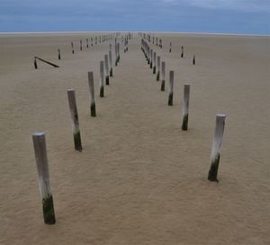 Wooden posts at sandy beach