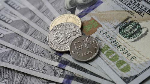 Close-up of coins on paper currency