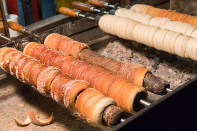 High angle view of meat on barbecue grill