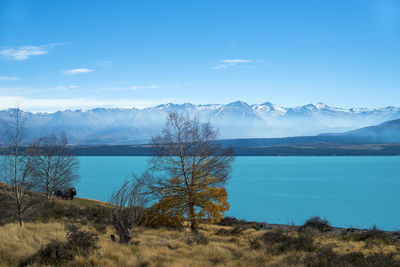 Scenic view of lake and mountains against blue sky