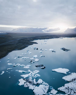 Aerial view of frozen lake against sky