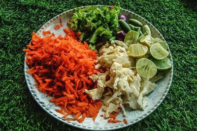 High angle view of fruits in plate