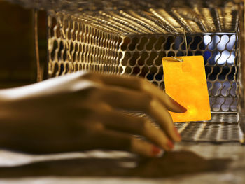 Cropped hand of woman holding credit card in darkroom