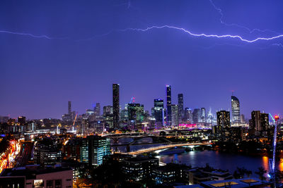 Aerial view of illuminated buildings against sky at night