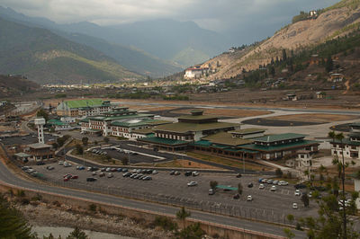 High angle view of city against mountains