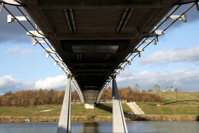 Interior of bridge over river against sky