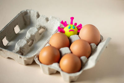 High angle view of eggs on table