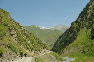 Rear view of people walking on mountain against clear sky