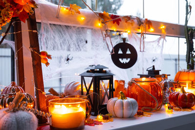 Close-up of illuminated lanterns