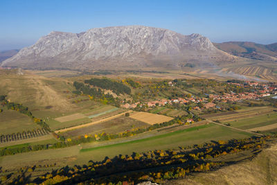 Aerial drone view of piatra secuiului mountain and rimetea,torocko village in transylvania, romania